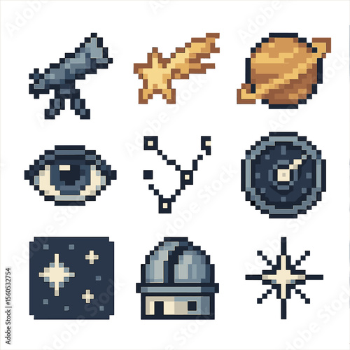 Cosmic Night Icon Set. Pixel art icon set of cosmic night watch: telescope, shooting star, planet icon, open eye, constellation
