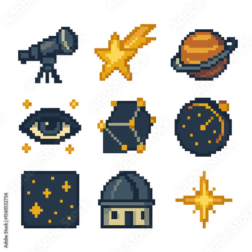 Cosmic Night Icon Set. Pixel art icon set of cosmic night watch: telescope, shooting star, planet icon, open eye, constellation