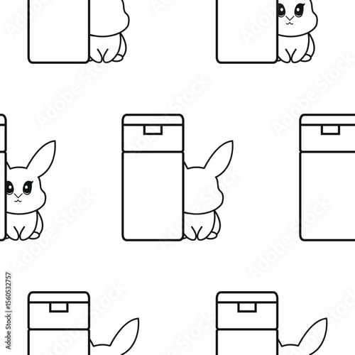 pattern of two simple black and white checkmark icons with rectangular cosmetic tubes with rabbits next to them, signifying that cosmetic products are not tested on animals
