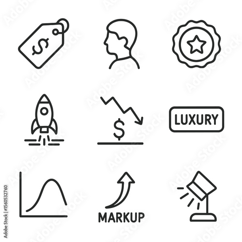 Price Skimming Icons. Outline icon set of Price Skimming Strategy: high price tag, early adopter silhouette, premium badge,