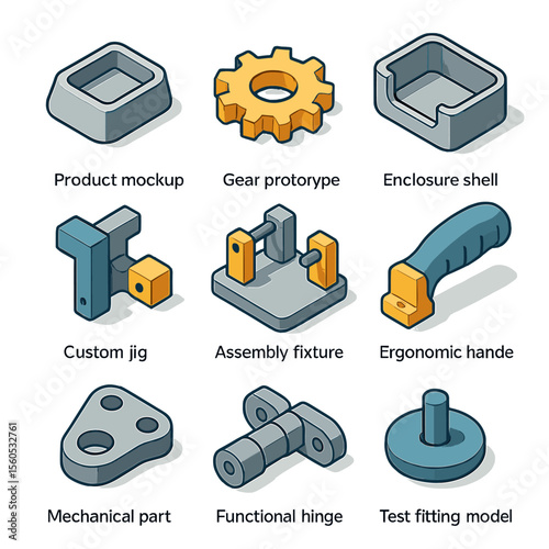 3D Printing Icons. Isometric Flat icon set of 3D-printed prototyping tools: product mockup, gear prototype, enclosure shell,