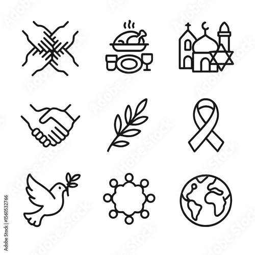 Interfaith Unity Icons. Outline icon set of interfaith family gatherings: unity hands, shared meal, worship spaces, handshake,