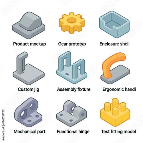 3D Printing Icons. Isometric Flat icon set of 3D-printed prototyping tools: product mockup, gear prototype, enclosure shell,