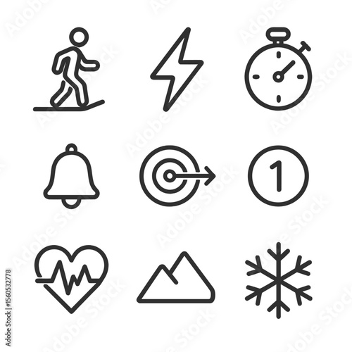 Interval Training Icon Set. Outline icon set of interval training features: warm-up icon, sprint burst lightning, recovery timer,