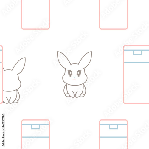 pattern of two simple colored checkmarks with rectangular cosmetic tubes with rabbits next to them, meaning that cosmetic products are not tested on animals