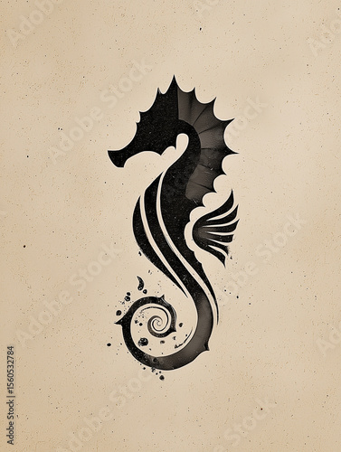 Black seahorse swimming gracefully in a minimalist style