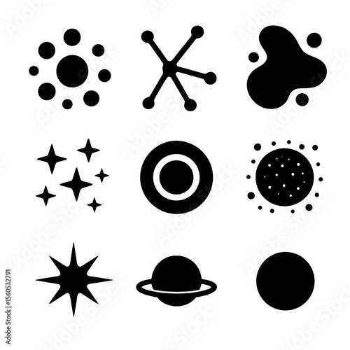 Cosmic Structure Icons. Solid, filled icon set of cosmic structures: galaxy cluster, filament web, void region, supercluster,