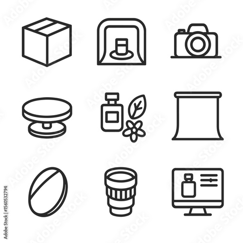 Product Photography Icons. Outline icon set of product photography services: product box, light tent, camera on table, turntable