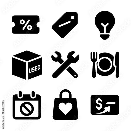 Cost-Saving Icons Grid. Solid, filled icon set of cost-cutting and savings strategies: coupon ticket, price tag slash, light bulb,