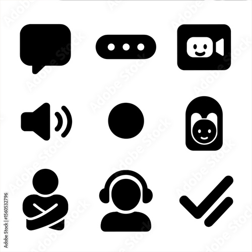 Digital Communication Icons. Solid, filled icon set of digital communication cues: chat app icon, typing dots, video call, voice