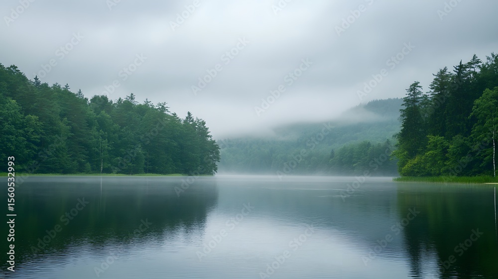 Fototapeta premium Misty morning over a tranquil lake surrounded by lush forest.