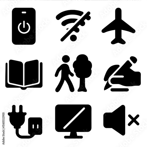 Digital Detox Icons. Solid, filled icon set of digital detox practices: phone off, no Wi-Fi, airplane mode, book reading, walk in