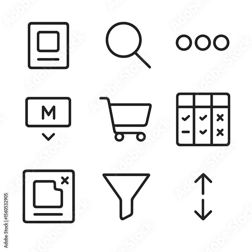 Product Icon Set. Outline icon set of Product Browsing and Selection: product thumbnail, zoom lens, color swatch, size selector