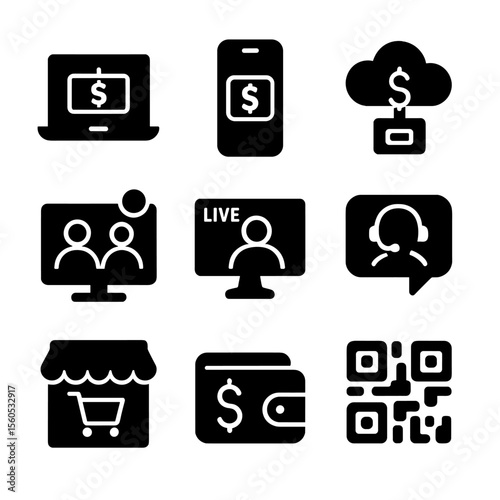 Digital Fundraising Icons. Solid, filled icon set of online fundraising concepts: laptop, smartphone, cloud donation, virtual