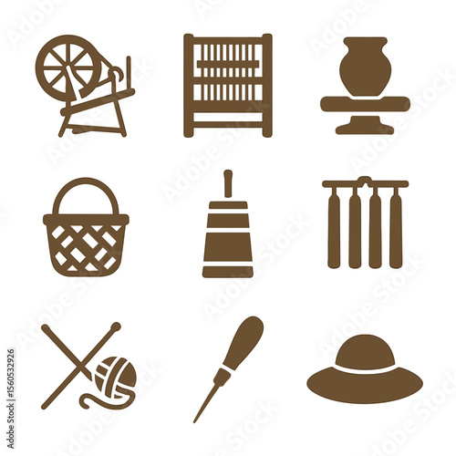 Cottage Crafts Icons. Flat icon set of cottage crafts: spinning wheel, loom, pottery wheel, basket weave, butter churn, candle