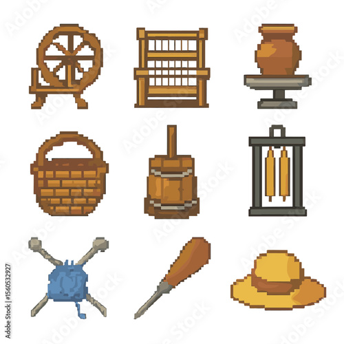 Cottage Craft Icons. Pixel art icon set of cottage crafts: spinning wheel, loom, pottery wheel, basket weave, butter churn, candle