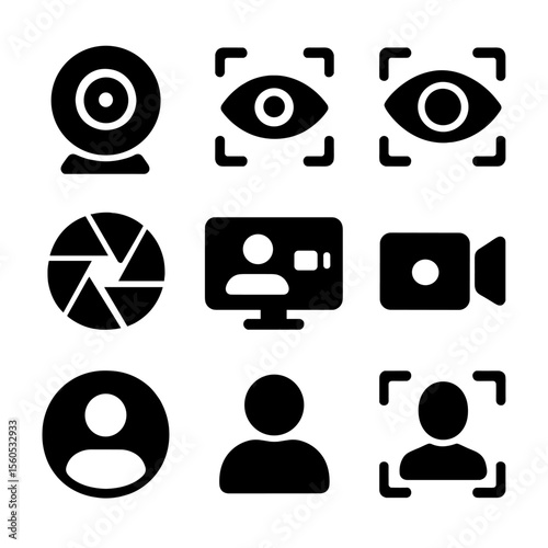 Digital Icons Grid. Solid, filled icon set of digital staring: webcam, eye scan, iris recognition, face ID, camera shutter, video