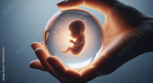 A hand holding a transparent sphere containing a fetus inside against a blue gradient background