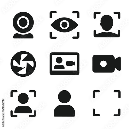 Digital Icons Grid. Solid, filled icon set of digital staring: webcam, eye scan, iris recognition, face ID, camera shutter, video