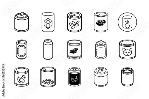 Set of Canned Food Icons on White Background – Vector Illustration for Food Packaging and Storage Concepts