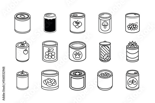 Set of Canned Food Icons on White Background – Vector Illustration for Food Packaging and Storage Concepts