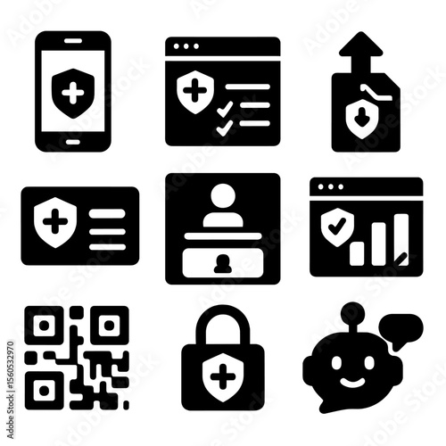 Digital Health Insurance Icons. Solid, filled icon set of digital health insurance tools: mobile app, online form, document upload