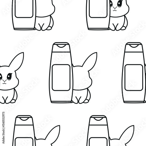 pattern of two simple black and white checkmark icons with a long cosmetic jar with rabbits next to it, meaning that the cosmetic products are not tested on animals