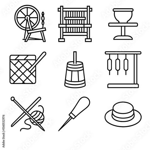Cottage Crafts Icons. Outline icon set of cottage crafts: spinning wheel, loom, pottery wheel, basket weave, butter churn, candle