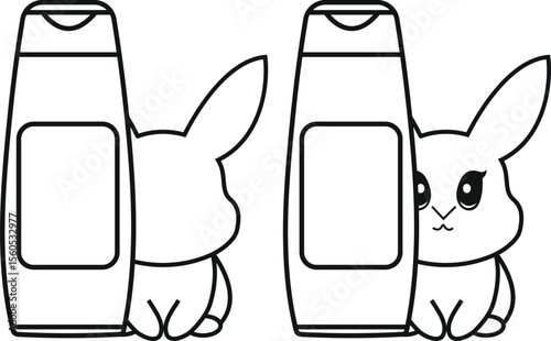 set of two simple black and white checkmark icons with a long cosmetic jar with rabbits next to it, meaning that the cosmetic products are not tested on animals