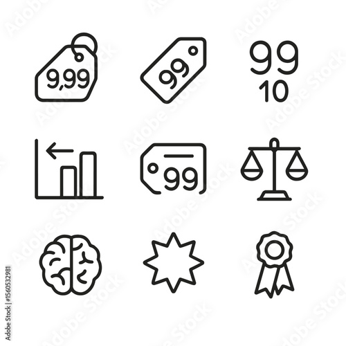 Psychological Pricing Icons. Outline icon set of Psychological Pricing Tactics: $9.99 tag, charm price label, odd pricing icon,