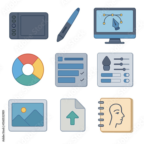 Digital Illustration Icons. Isometric Flat icon set of digital illustration techniques: graphics tablet, stylus pen, monitor