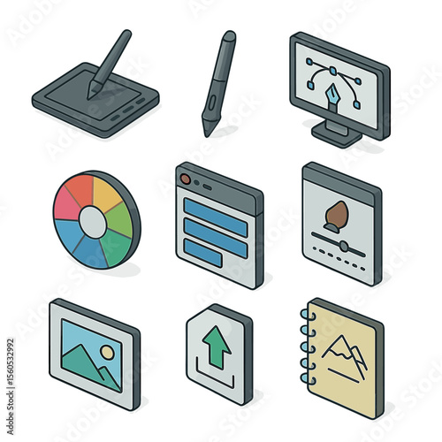 Digital Illustration Icons. Isometric Flat icon set of digital illustration techniques: graphics tablet, stylus pen, monitor