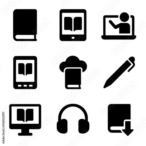 Digital Learning Icons. Solid, filled icon set of digital learning: e-book, tablet with book, online class, e-reader, cloud