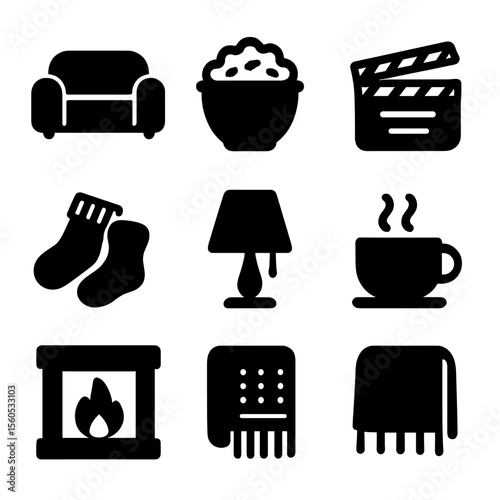 Cozy Evening Icons. Solid, filled icon set of cozy evening: couch, popcorn bowl, movie clapperboard, remote control, fuzzy socks,