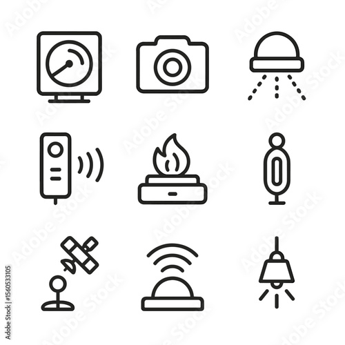 Rendezvous Sensor Icons. Outline icon set of Rendezvous Sensors: radar sensor, optical camera, LIDAR scanner, rangefinder,