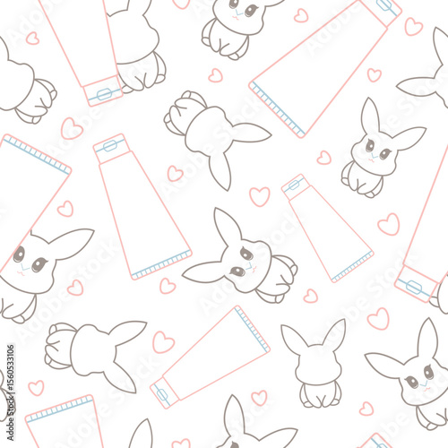 pattern of two simple colored checkmarks with a tube of cream with rabbits next to it, meaning that cosmetic products are not tested on animals