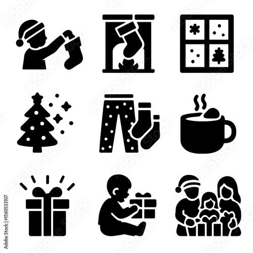 Cozy Stocking Icons. Solid, filled icon set of cozy stocking moments: child reaching in, stocking above fire, snowy window scene,