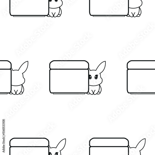 pattern of two simple black and white checkmark icons with a round jar of cream with rabbits next to it, meaning that cosmetic products are not tested on animals
