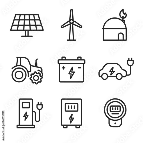 Renewable Energy Icons. Outline icon set of Renewable Energy on Farms: solar panel array, wind turbine, biogas digester, hybrid