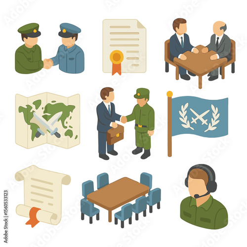Diplomatic Icon Set. Isometric Flat icon set of allied coordination and diplomacy: handshake between generals, alliance document,