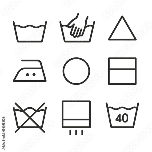 Laundry Care Symbols. Outline icon set of laundry care symbols: wash tub, hand wash, bleaching triangle, iron with dots, tumble