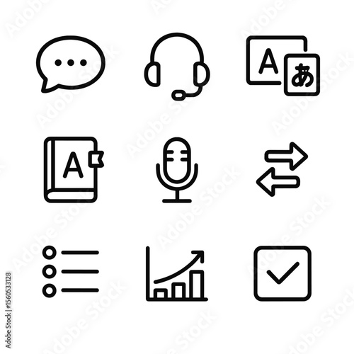 Language App Icons. Outline icon set of language learning apps: speech bubble, headset, flashcard, dictionary book, pronunciation