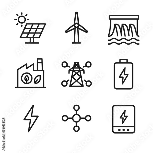 Renewable Energy Icons. Outline icon set of renewable energy integration: solar panel, wind turbine, hydro dam, bioenergy plant,