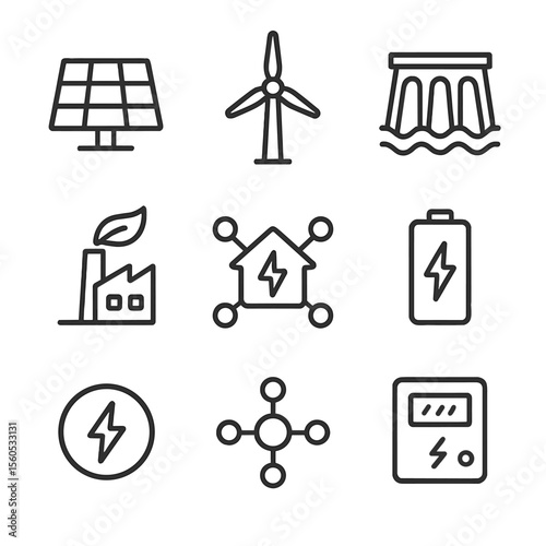 Renewable Energy Icons. Outline icon set of renewable energy integration: solar panel, wind turbine, hydro dam, bioenergy plant,