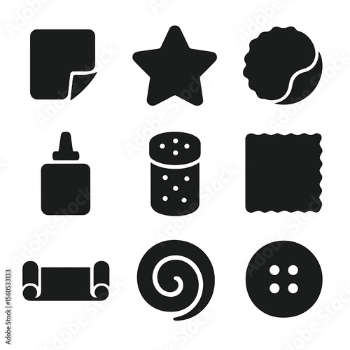 Craft Icon Collection. Solid, filled icon set of mixed media for puffy crafts: foam sheet, felt star, sticker, glue bottle,