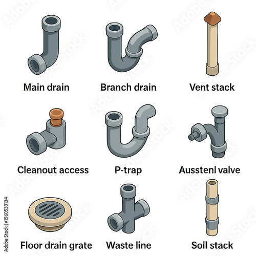 Residential Plumbing Icons. Isometric Flat icon set of residential basement plumbing layout: main drain pipe, branch drain,