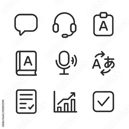 Language App Icons. Outline icon set of language learning apps: speech bubble, headset, flashcard, dictionary book, pronunciation