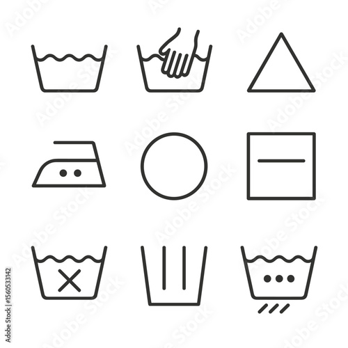 Laundry Care Symbols. Outline icon set of laundry care symbols: wash tub, hand wash, bleaching triangle, iron with dots, tumble