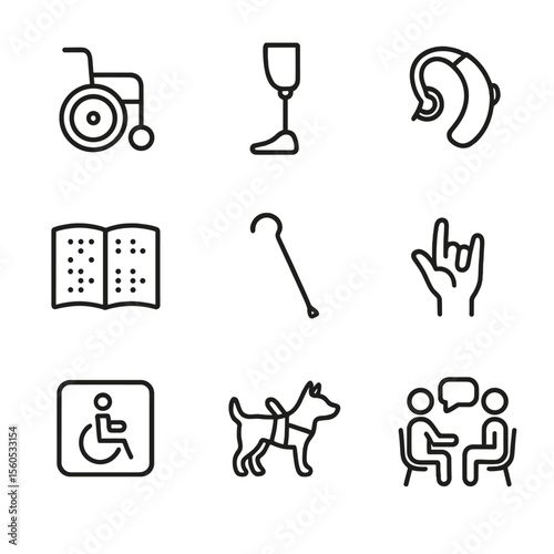 Disability Support Icons. Outline icon set of disability support: wheelchair, prosthetic limb, hearing aid, braille book, cane,