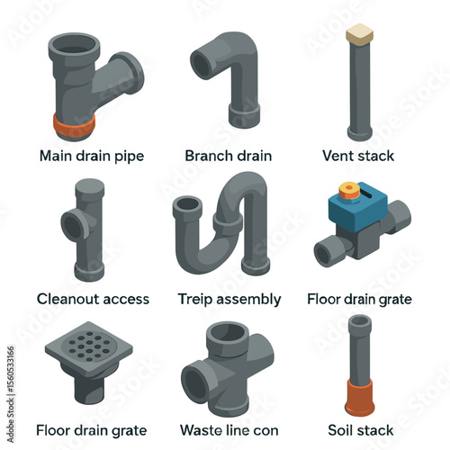 Residential Plumbing Icons. Isometric Flat icon set of residential basement plumbing layout: main drain pipe, branch drain,